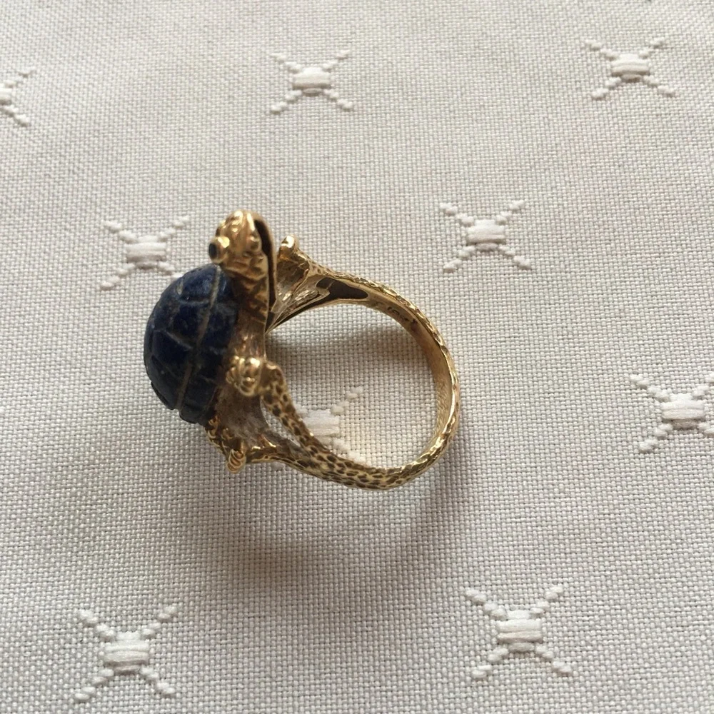 Vintage 14k Gold Turtle Ring with Blue Stone Shell
